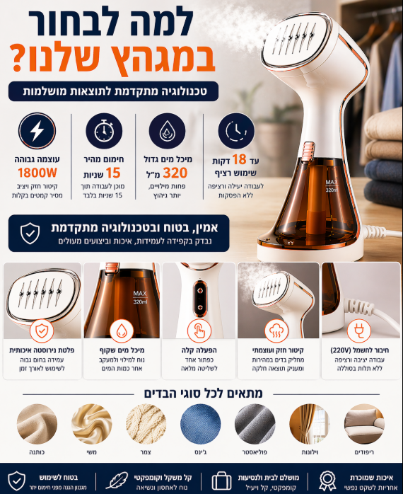 מגהץ אדים נייד 1800 – חימום תוך 15 שניות וגיהוץ מושלם בלי קרש