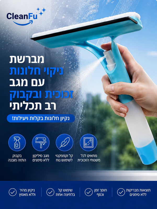מגב + ספריי + מיקרופייבר — הכל ביד אחת.
