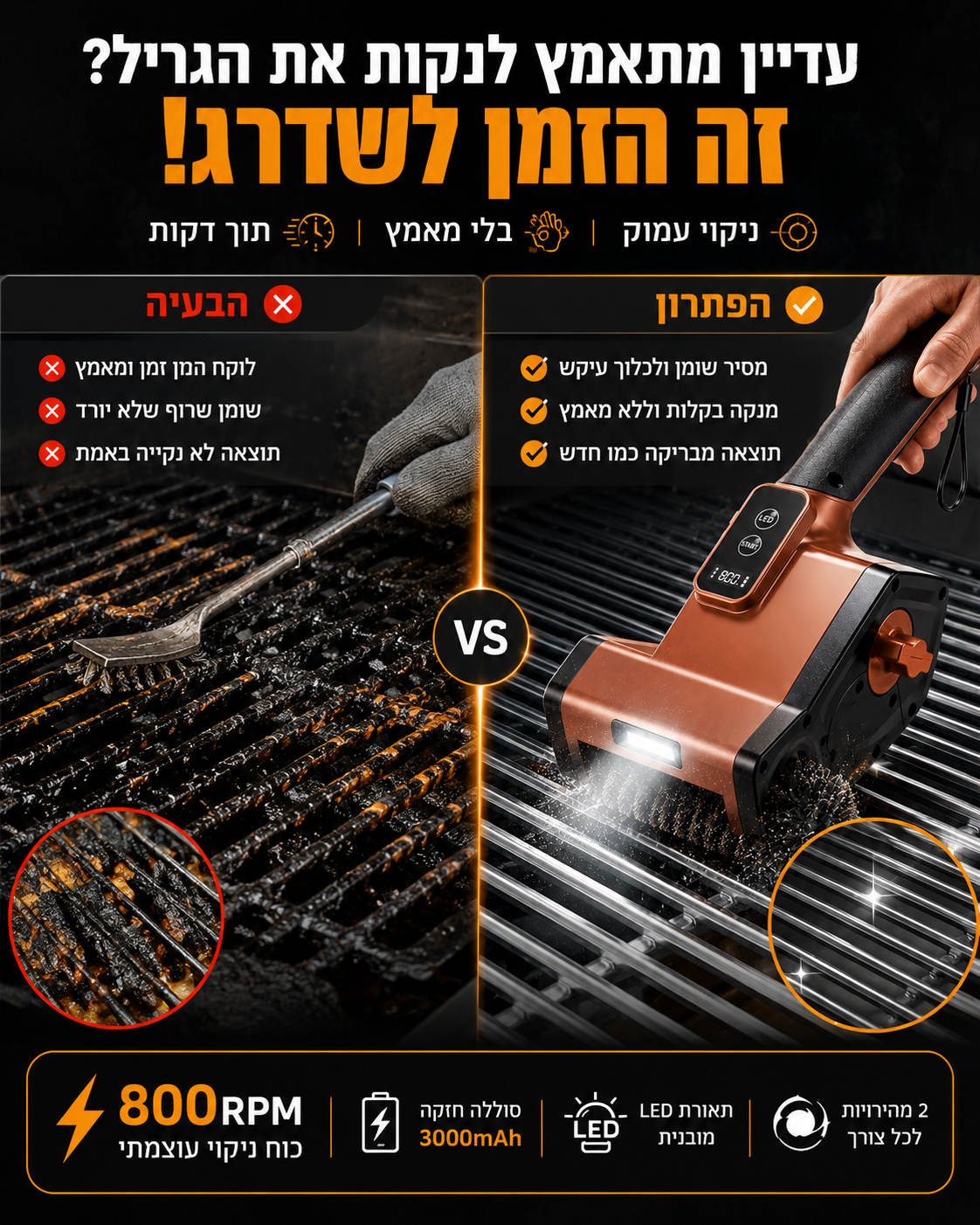 מברשת ניקוי חשמלית לגריל עם לד