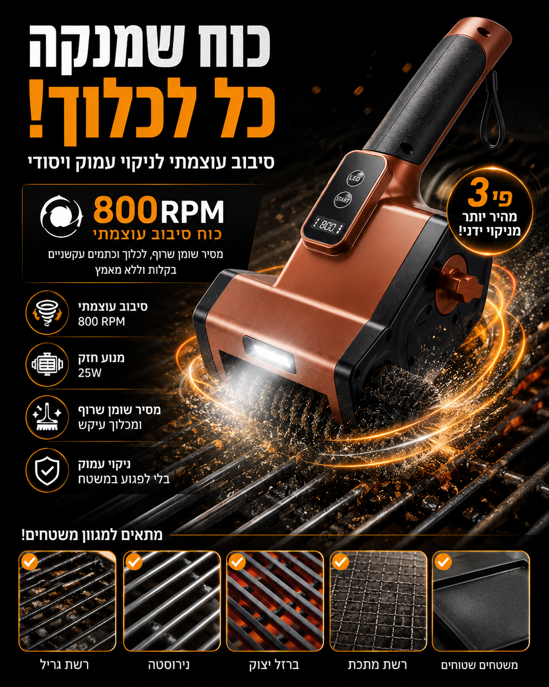 מברשת ניקוי חשמלית לגריל עם לד