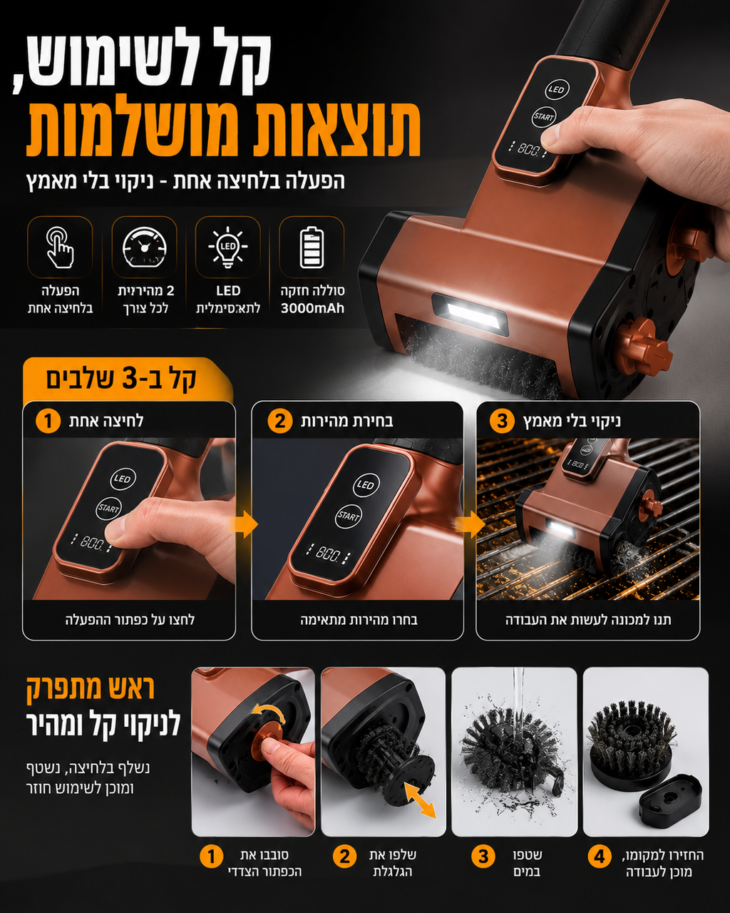 מברשת ניקוי חשמלית לגריל עם לד