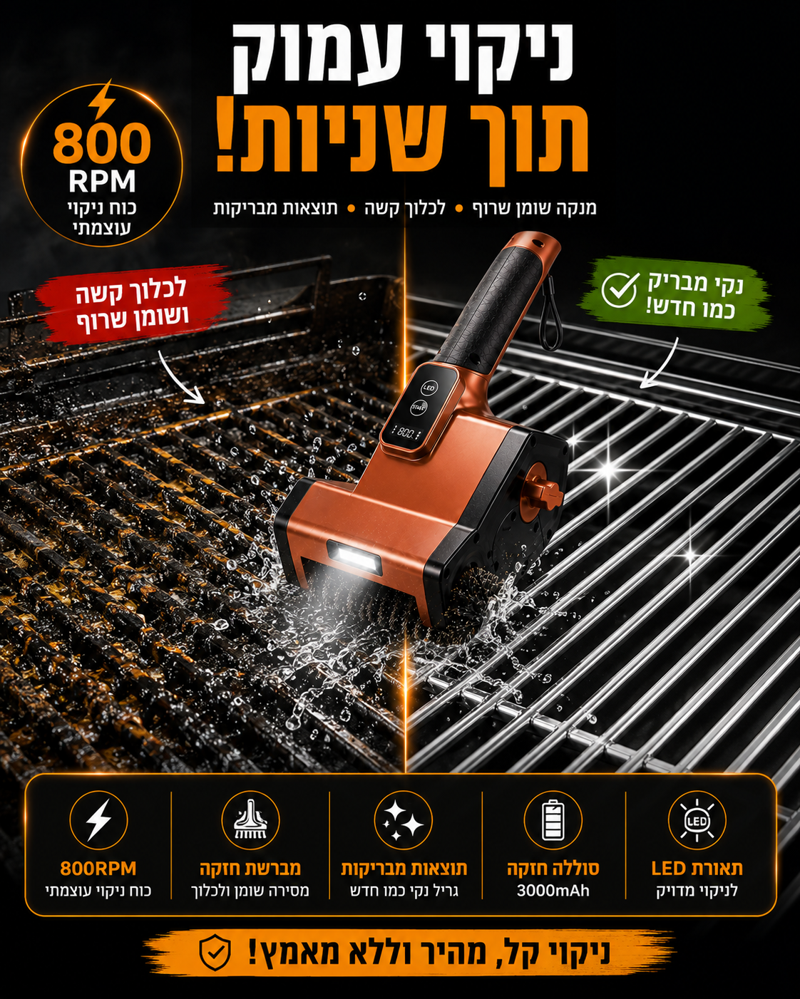 מברשת ניקוי חשמלית לגריל עם לד